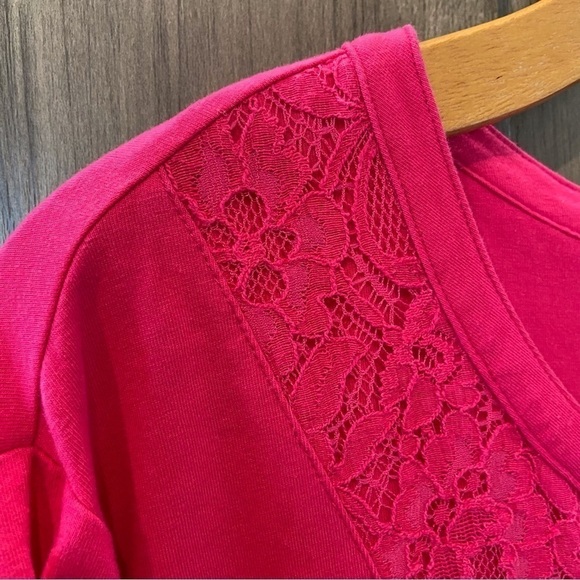Catherines 2X Short Sleeve henley Shirt Pink with lace overlay on chest - Picture 3 of 10